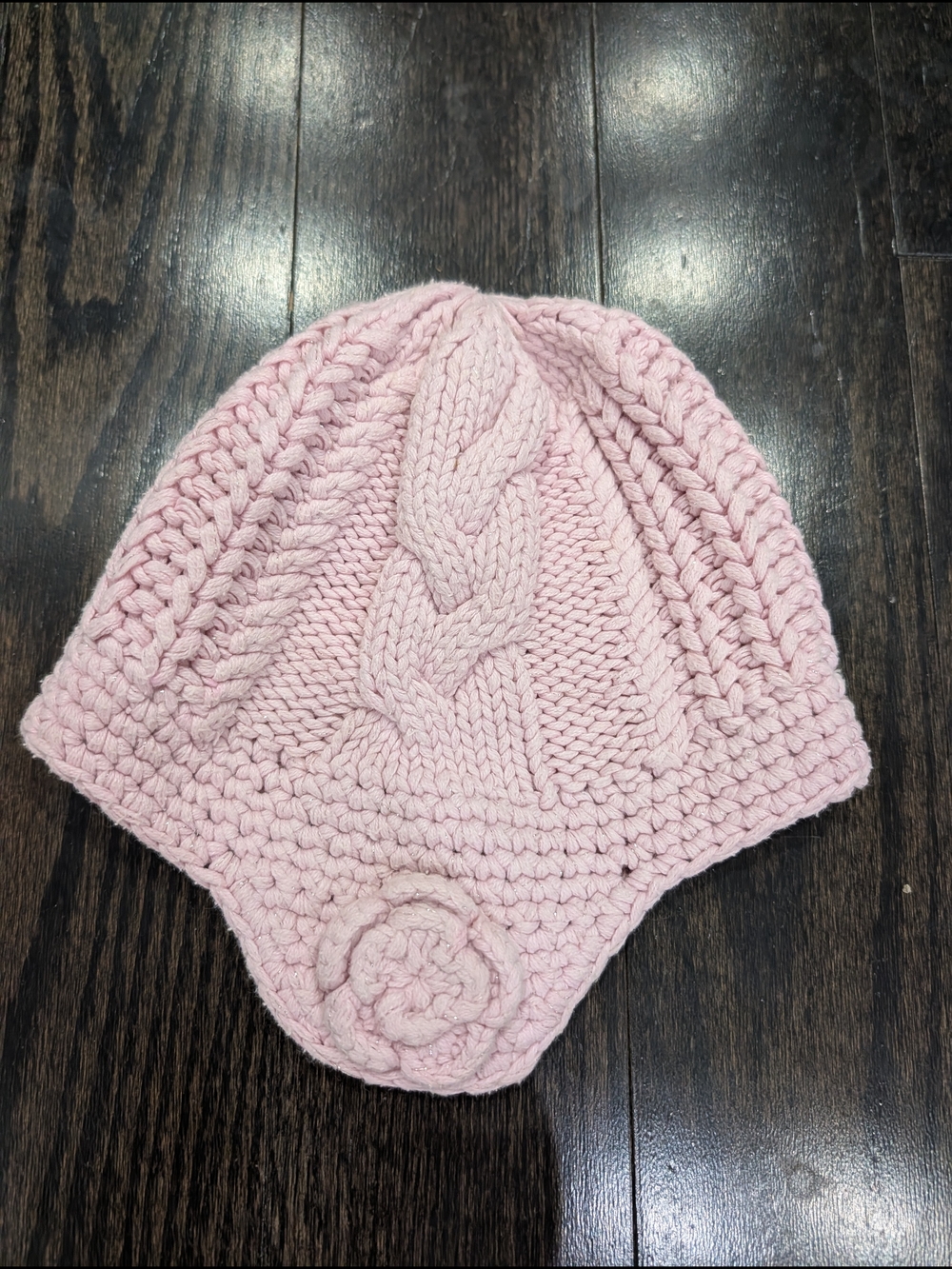 4/$20 Joe Fresh Pink Cable Knit Hat – 12–24M – Earflaps & Flower